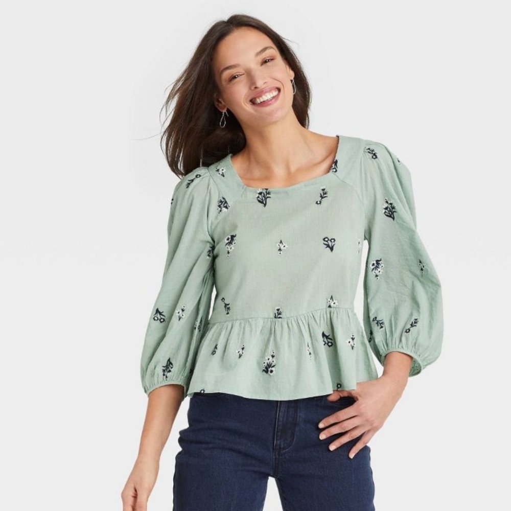 A NEW DAY | Blue Floral Embroidered Square Neck Puff 3/4 Sleeve Blouse